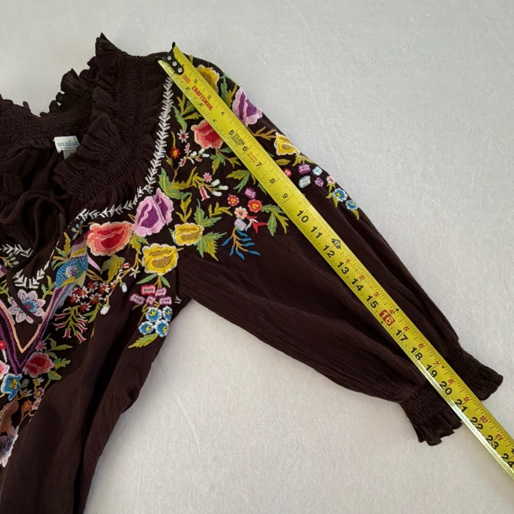 Sundance Brown Embroidered Floral Bird Peasant Blouse Boho Top PM Womens - Picture 10 of 11